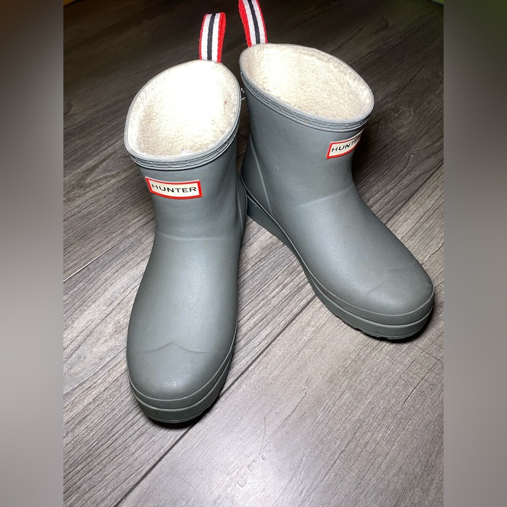 EUC 42 Hunter Play Boots Gray Sherpa Lining Winter Rain Waterproof Ankle Boots
